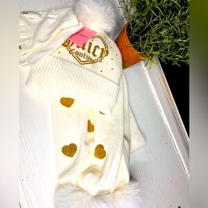 Juicy Couture Kids Knit Beanie Scarf Gloves Set Metallic Hearts NWT